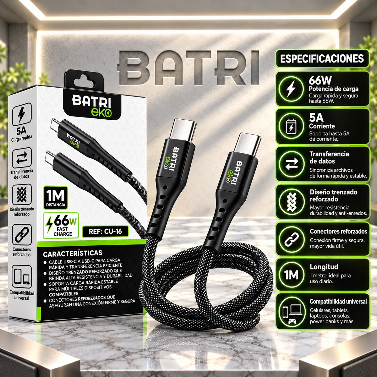 CABLE DE DATOS CARGA RAPIDA 66W TIPO C-TIPO C