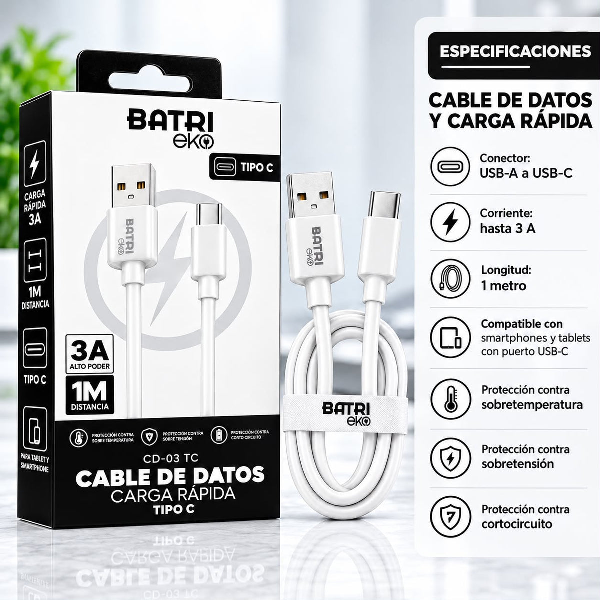 CABLE DE DATOS CARGA RAPIDA 3A TIPO C