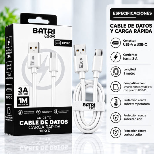 CABLE DE DATOS CARGA RAPIDA 3A TIPO C